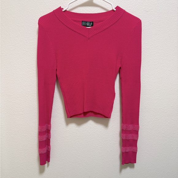 Topshop Fuchsia Ribbed V-Neck Blouse 4 - Picture 1 of 2